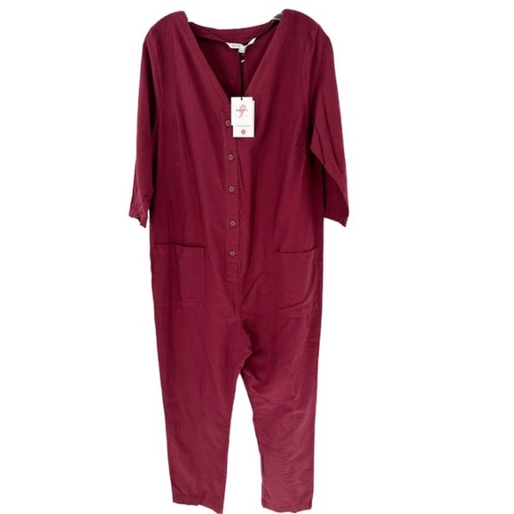 The Nines by Hatch Button Front Maternity Jumpsuit in Wine Red - Picture 3 of 7